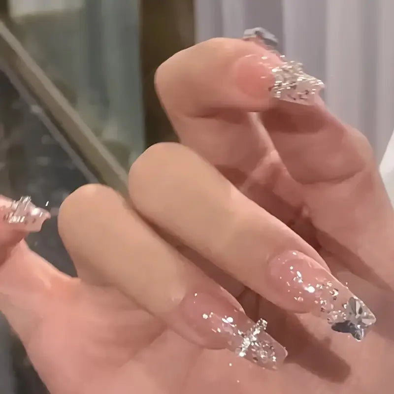 Nude Pink Gradient Butterfly Gem Nails – 24pcs Luxury Set