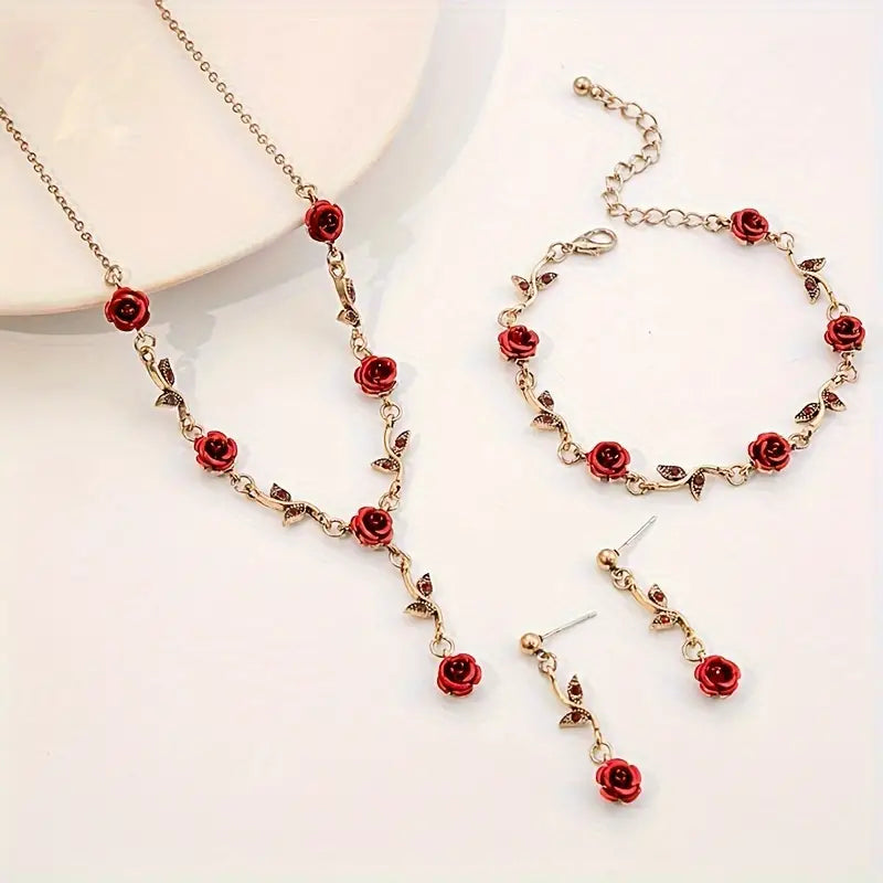 Exquisite Red Rose Jewelry Set – Necklace, Earrings & Bracelet"