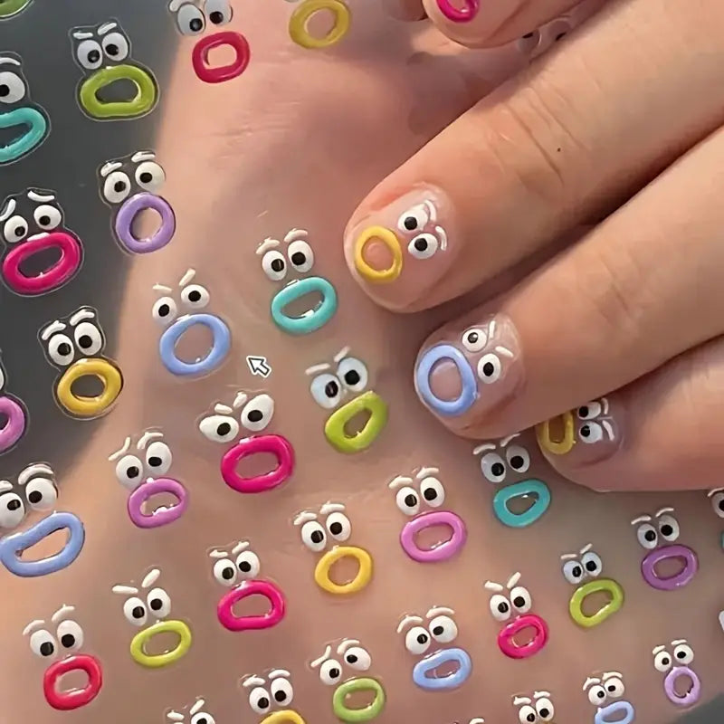 2D Embossed Jelly Nail Art Stickers - Playful Cartoon Designs with Sparkle Finish"