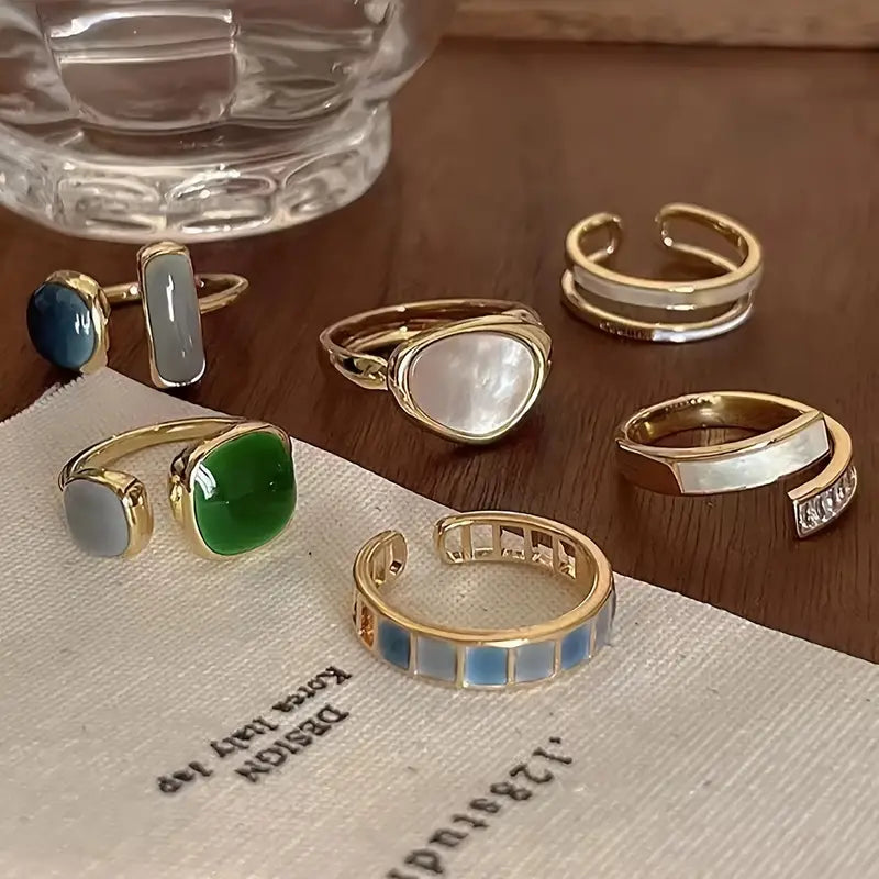 6-pcs Vintage Rhinestone Rings – Gold & Colorful