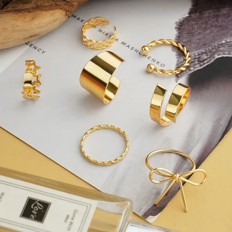"Elegant 7pcs Bow & Star Ring Set – Chic Open Rings for Women"