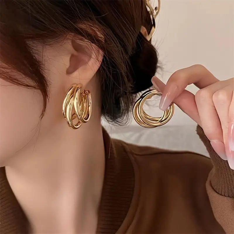 ✨ C-Shape 3-Layer Glossy Hoop Earrings – Luxurious Iron Jewelry 💖