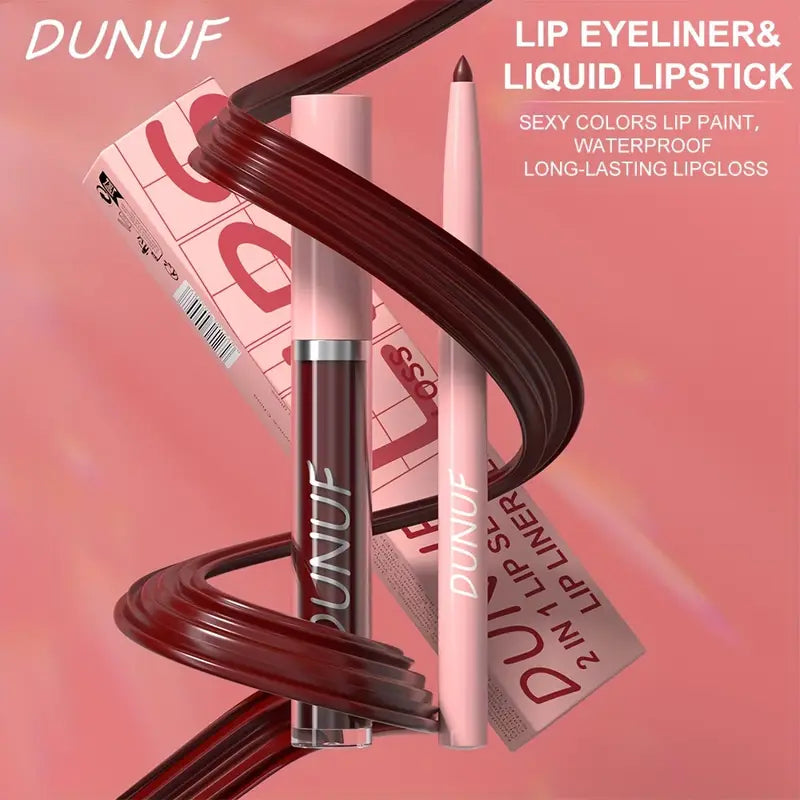 DUNUF 2in1 Color Lip Liner & Lip Gloss Set – Matte, Waterproof & Travel-Ready