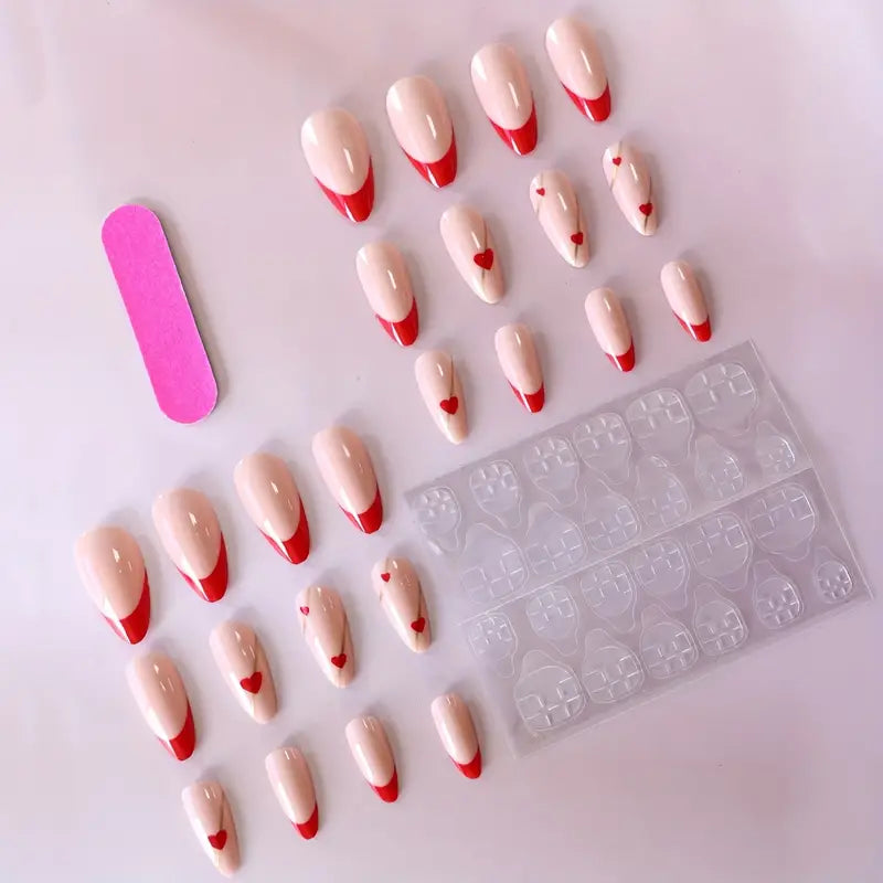 Golden Heart: Red French Almond Press-On Nails (24 Pcs)"