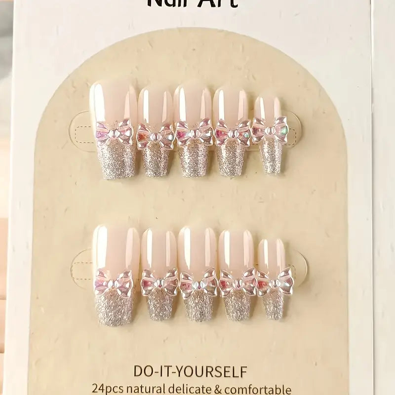 Glitter French with bow- 24pcs nail set with application Kit