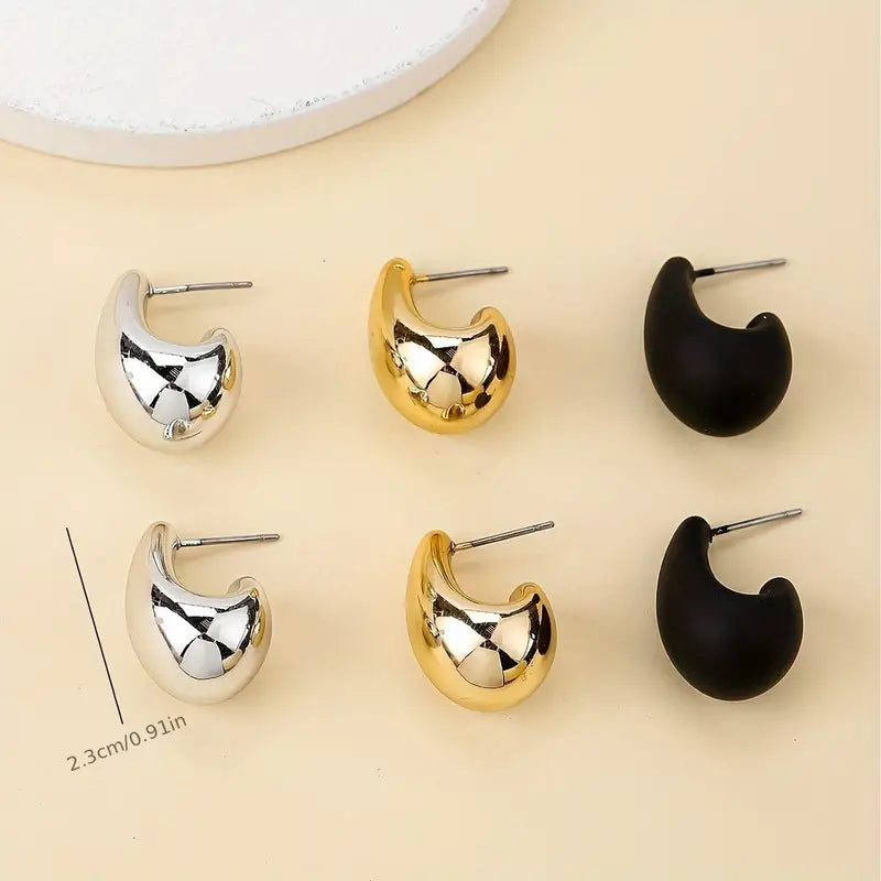💧 3 Pairs Water Drop Earrings Set - Golden, Black, & Silvery Classic Styles for Women