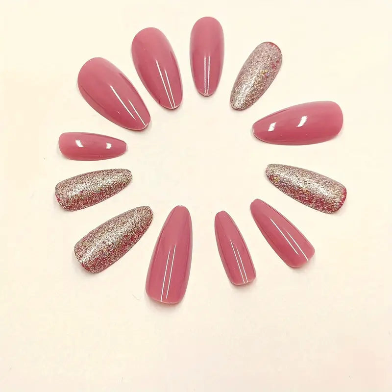 ✨ 24pcs Almond-Shaped Press-On Nails – Silvery Glitter & Pink with Jelly Gel Set 💅