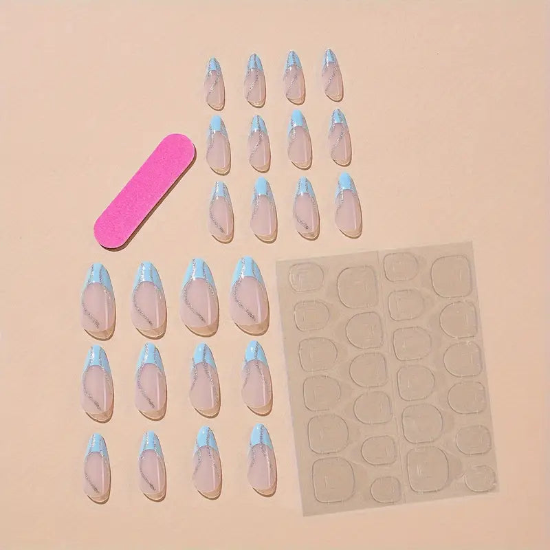 Blue Gleam Almond French Tips – Summer's Chic Essential"