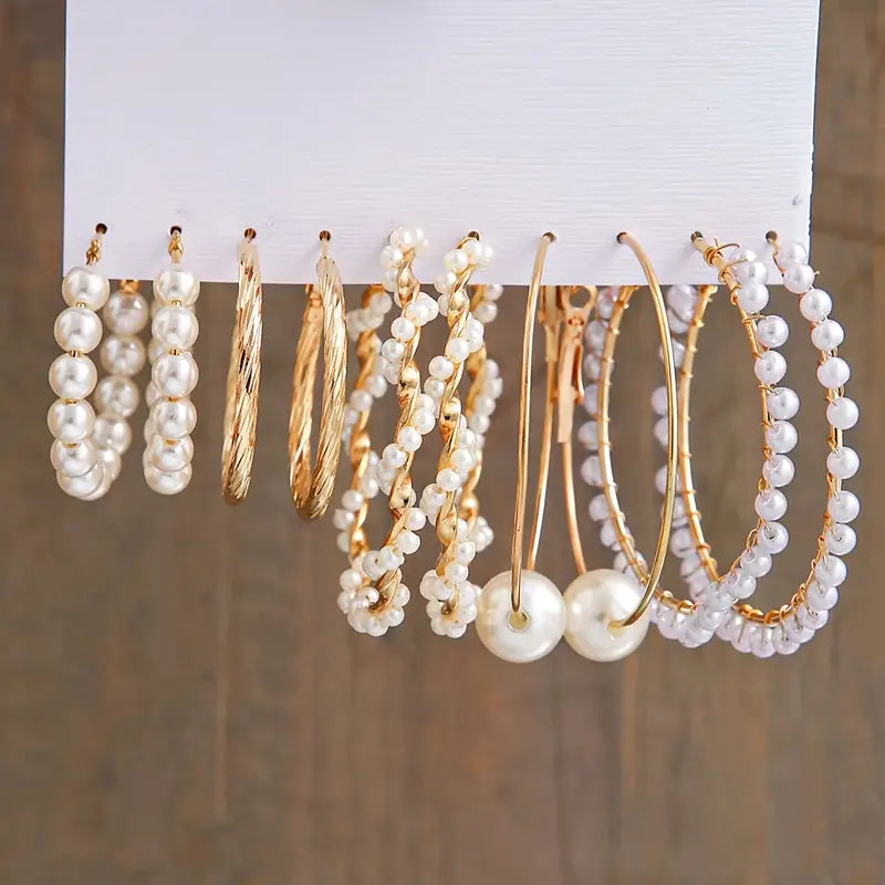 ✨ 5 Pairs (10pcs) Hoop Earrings Set – Simple & Faux Pearl Design for Women 💖