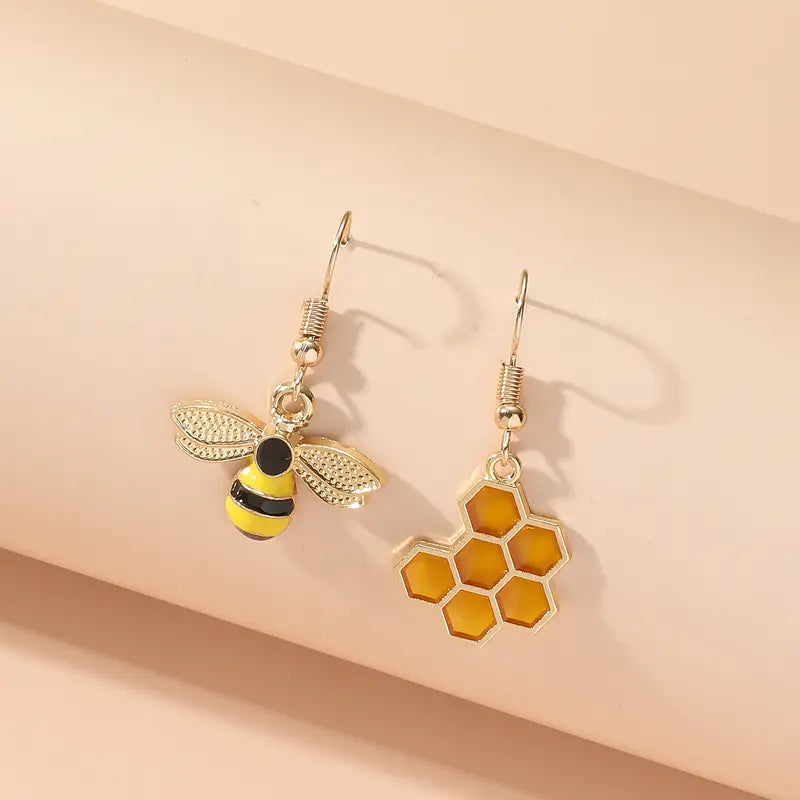 🐝✨ Bee & Honeycomb Mismatched Drop Earrings