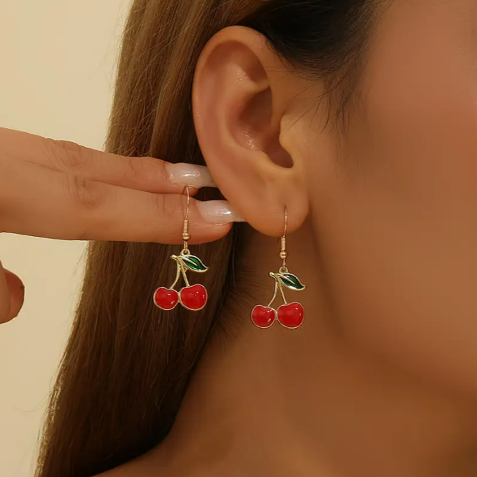 Metallic Cherry Dangle Earrings – Trendy & Fun Statement Jewellery