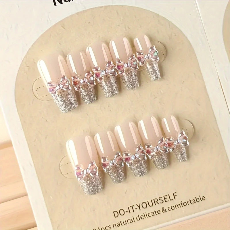 Glitter French with bow- 24pcs nail set with application Kit