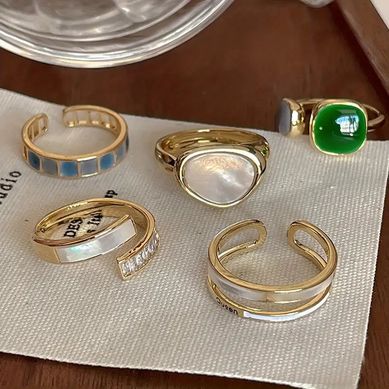 6-pcs Vintage Rhinestone Rings – Gold & Colorful
