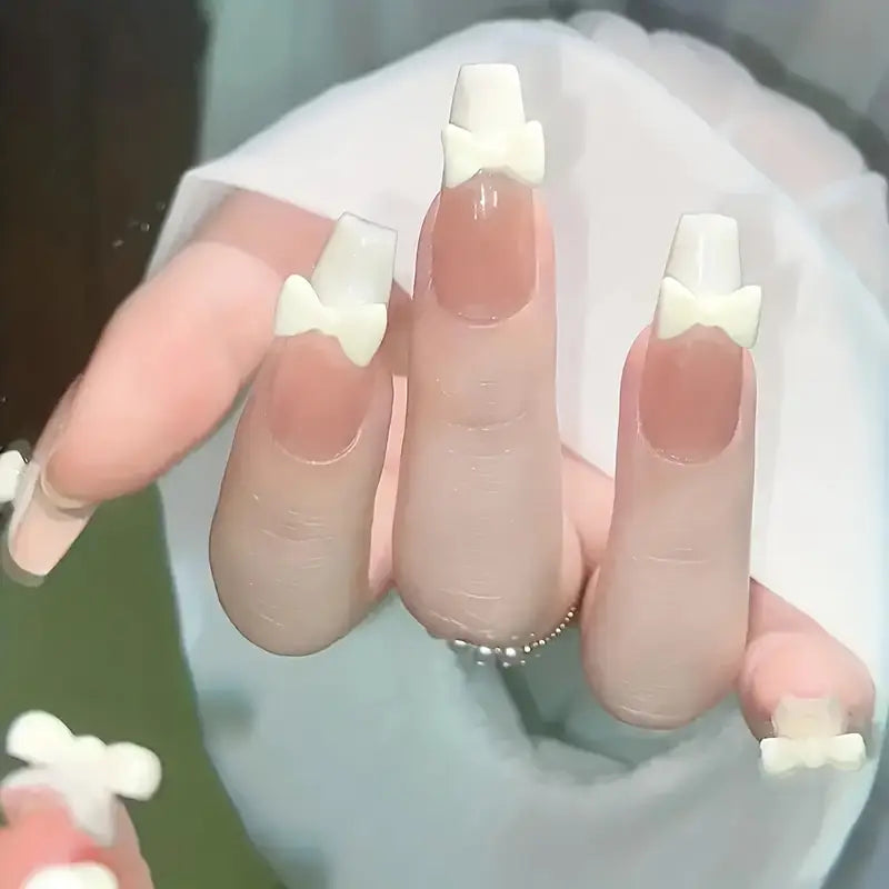 Y2K Glossy Press-On Nails: Long Ballerina White & Nude with 3D Bowknot - 24pcs