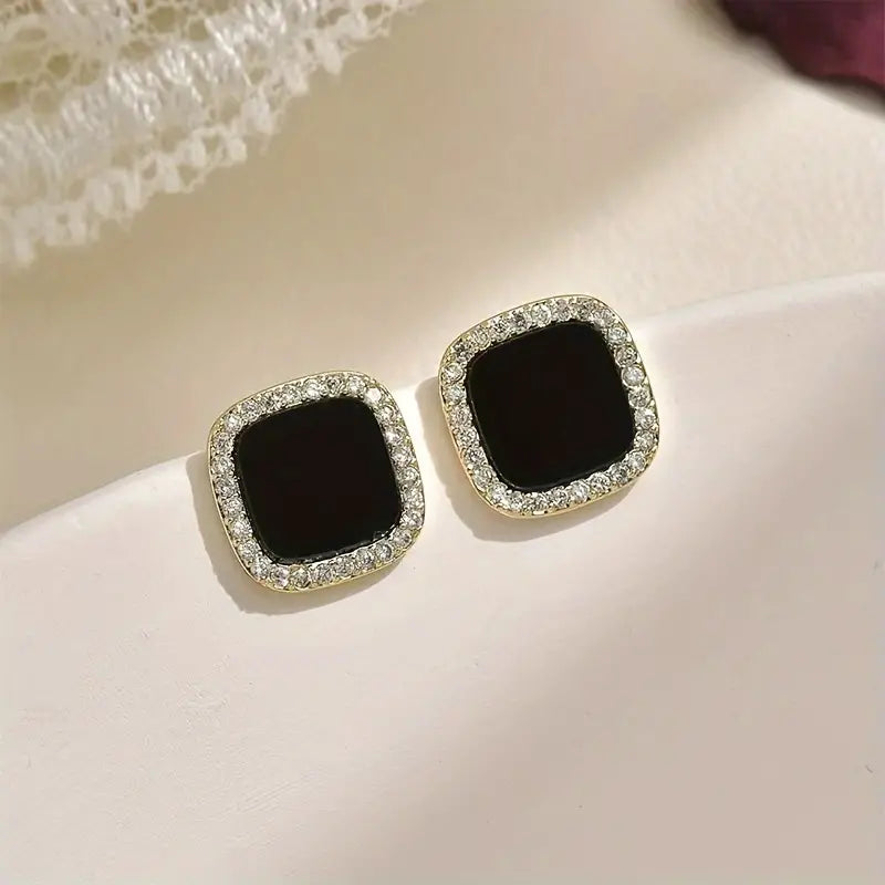 ✨ Elegant Black Square Stud Earrings with Sparkling Rhinestones – Vintage-Inspired Fashion Jewelry for Women
