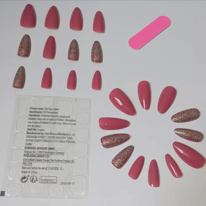 ✨ 24pcs Almond-Shaped Press-On Nails – Silvery Glitter & Pink with Jelly Gel Set 💅