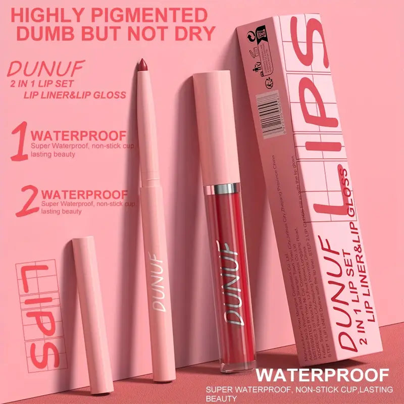 DUNUF 2in1 Color Lip Liner & Lip Gloss Set – Matte, Waterproof & Travel-Ready