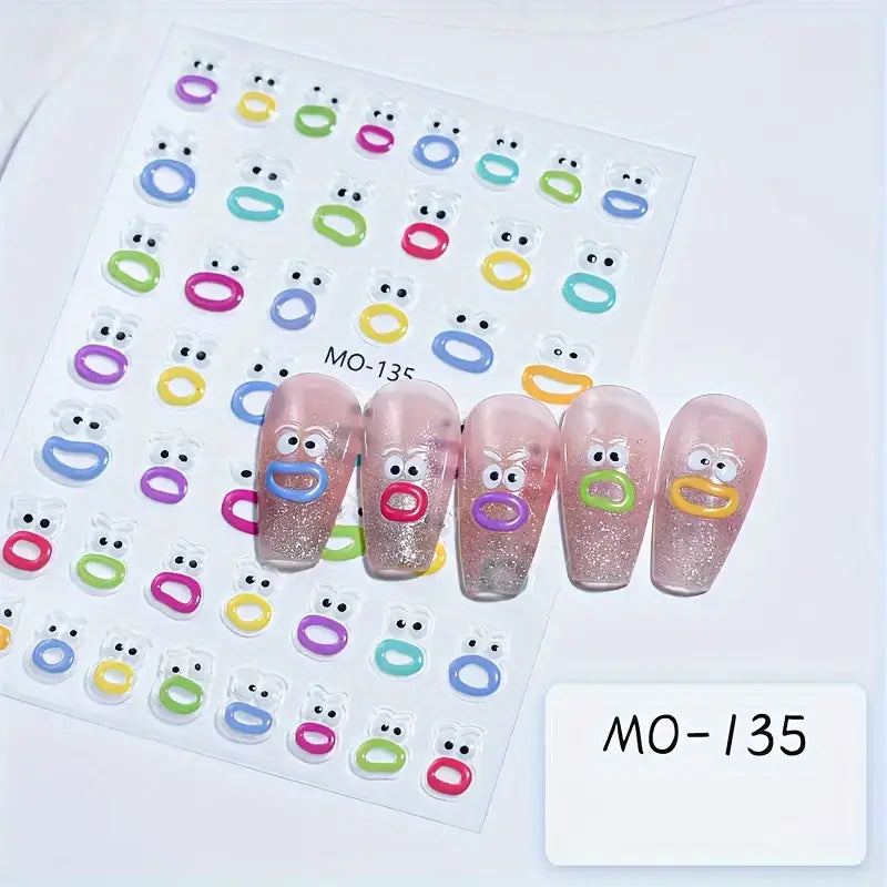 2D Embossed Jelly Nail Art Stickers - Playful Cartoon Designs with Sparkle Finish"