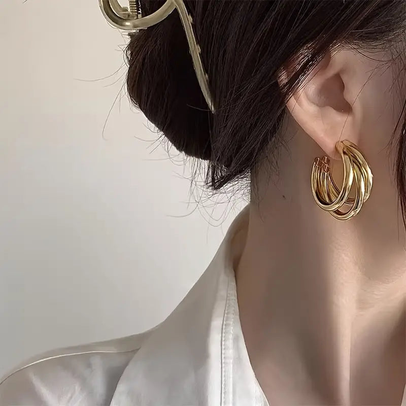 ✨ C-Shape 3-Layer Glossy Hoop Earrings – Luxurious Iron Jewelry 💖