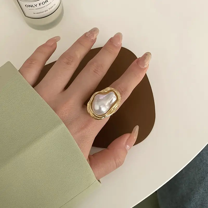 Vintage Pearl Charm: Adjustable Open Ring