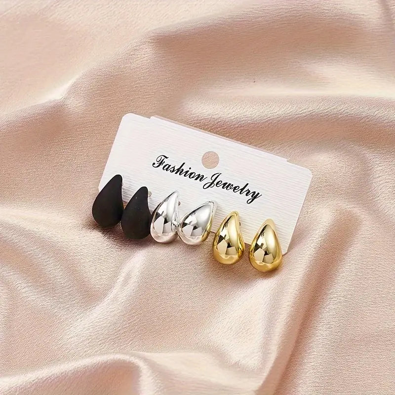 💧 3 Pairs Water Drop Earrings Set - Golden, Black, & Silvery Classic Styles for Women