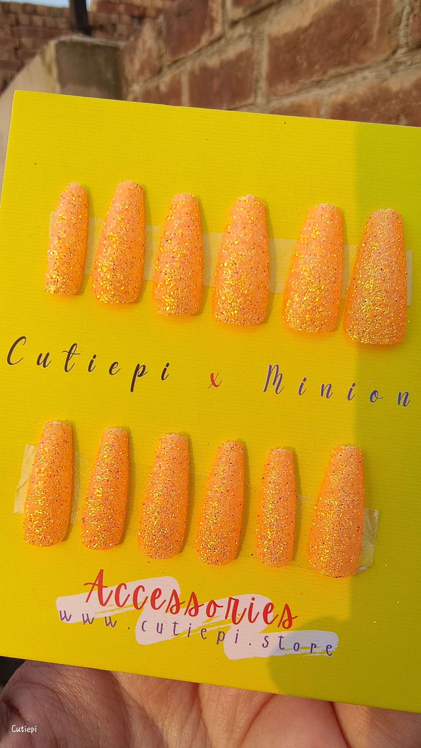 Sunset Spark - 24pcs Full Glitter Orange Rectangular Nails