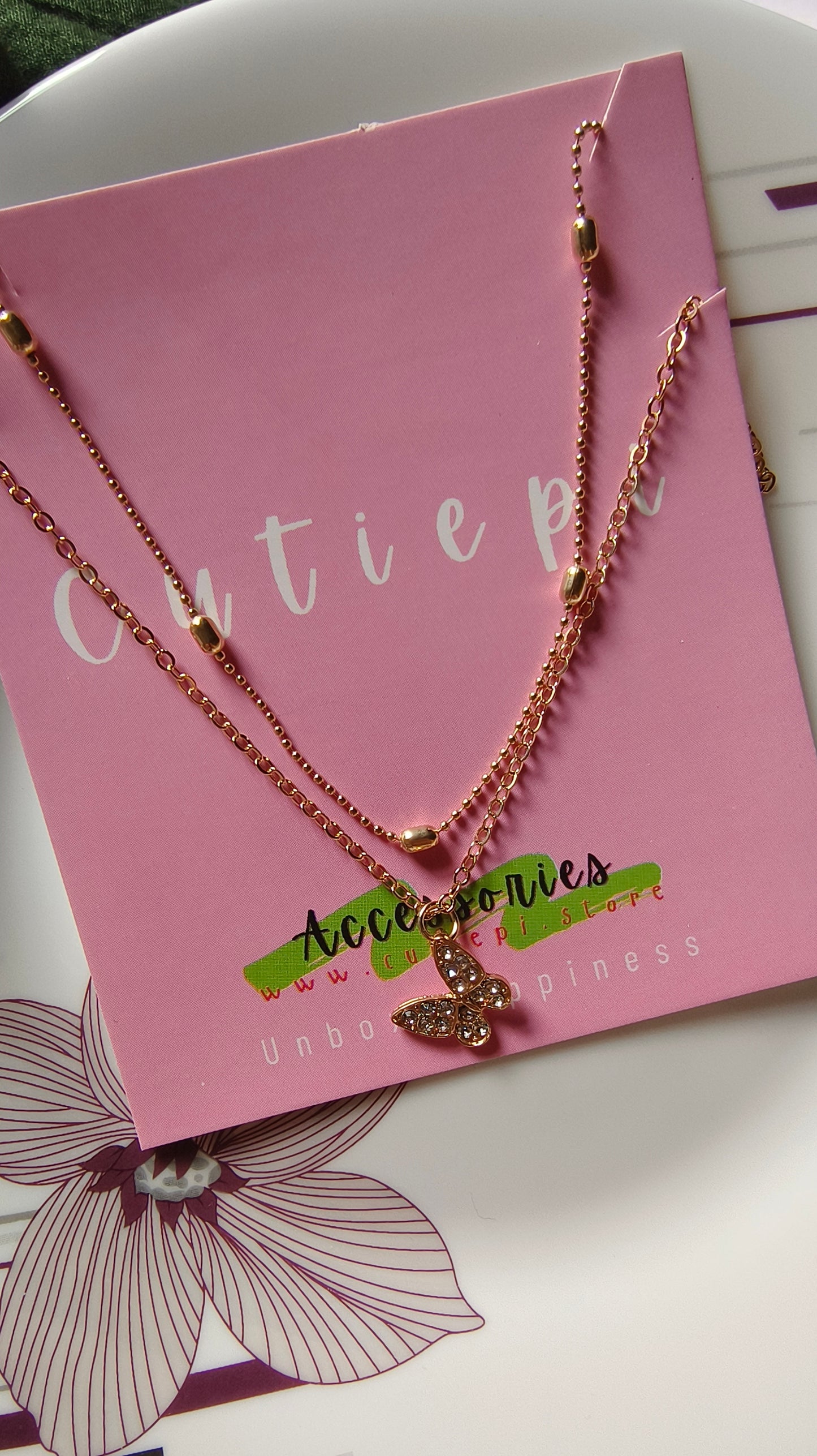 Elegant 2-Layer Pendant with Butterfly & Rhinestone Necklace – Chic & Trendy