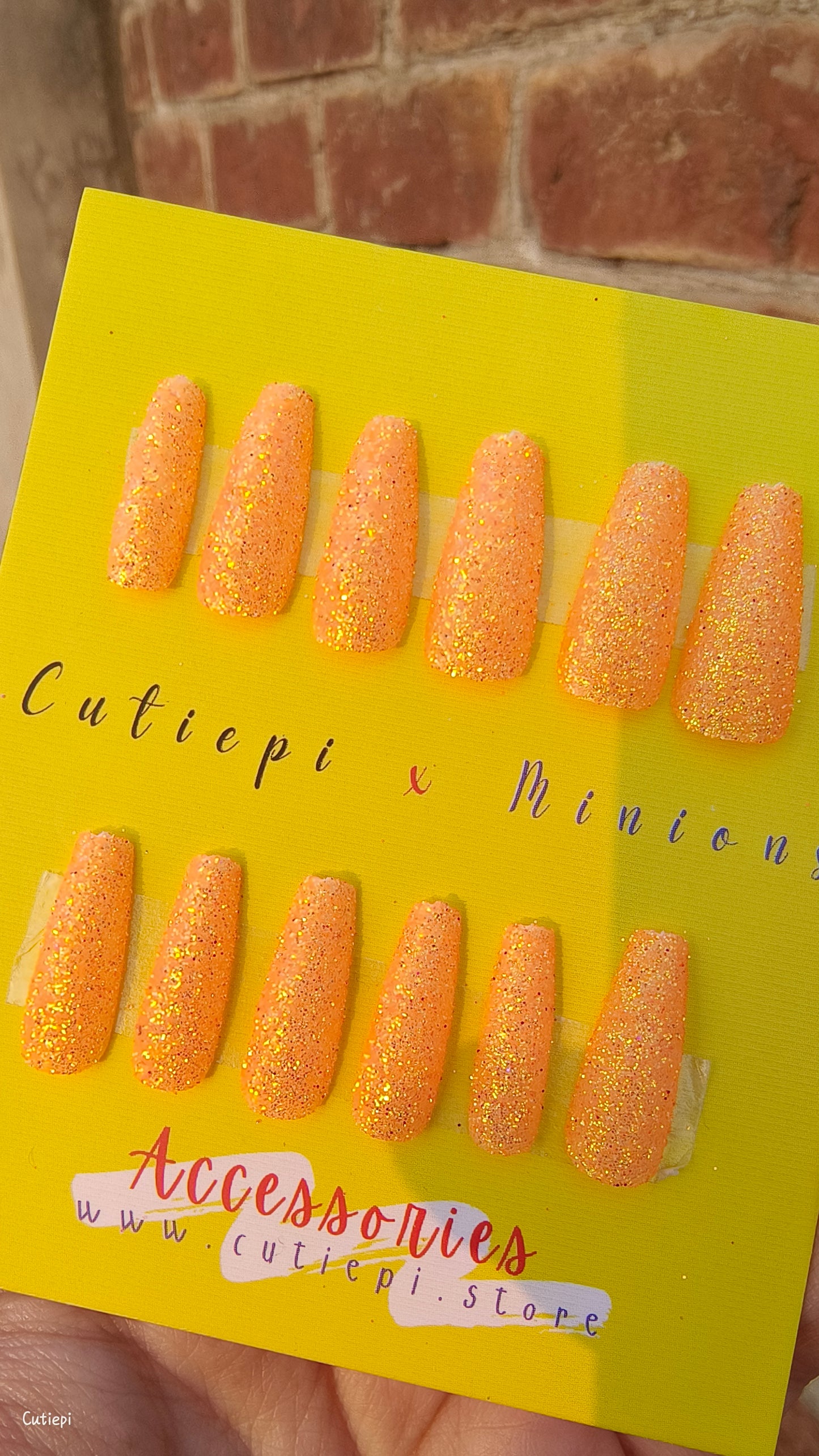 Sunset Spark - 24pcs Full Glitter Orange Rectangular Nails
