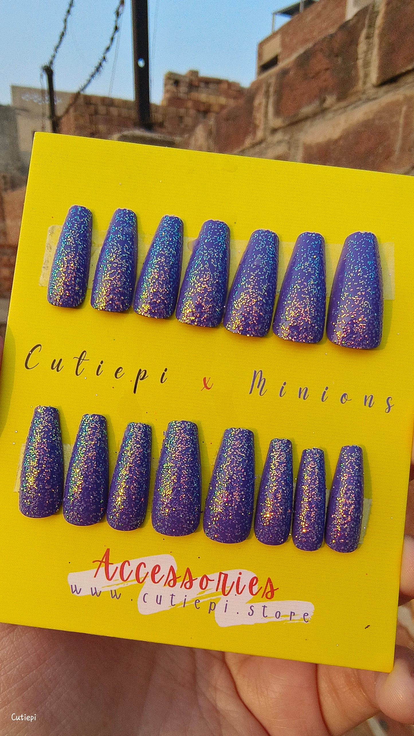 Golden Hour - 24pcs Full Glitter Purplish Golden Rectangular Nails