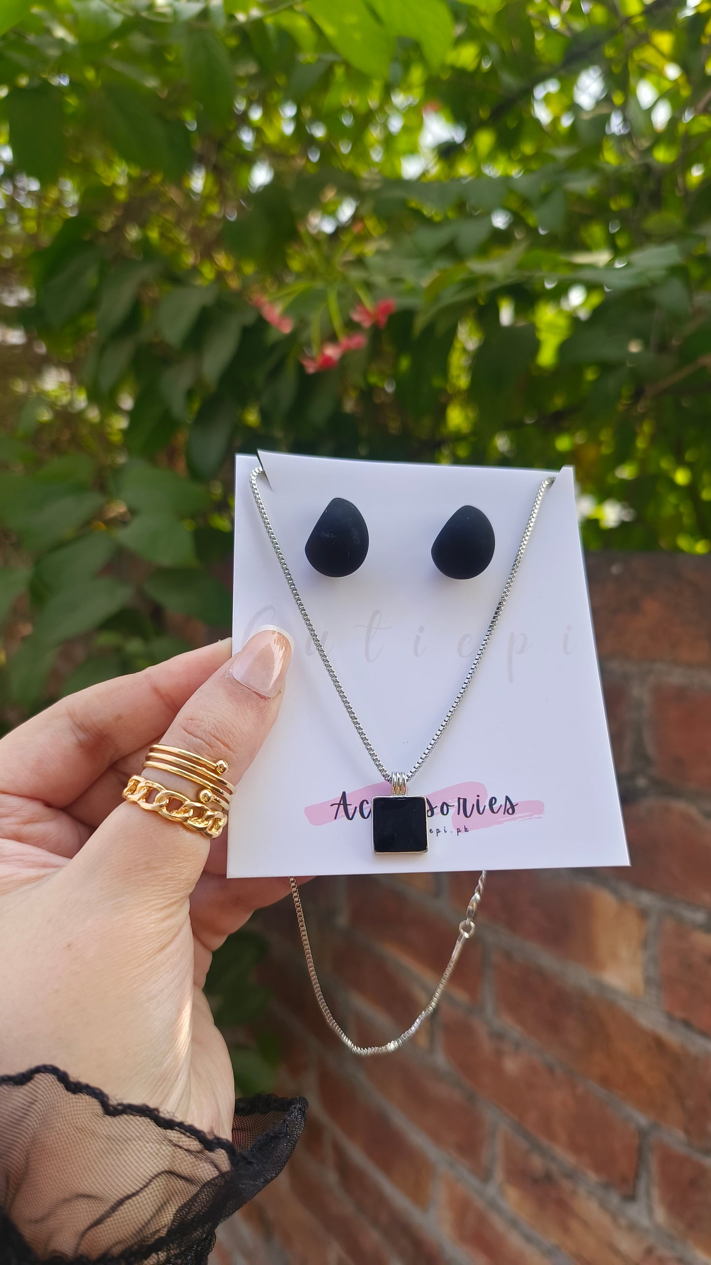 Chic Black Rectangle Pendant & Hoop Earrings Set" 🖤