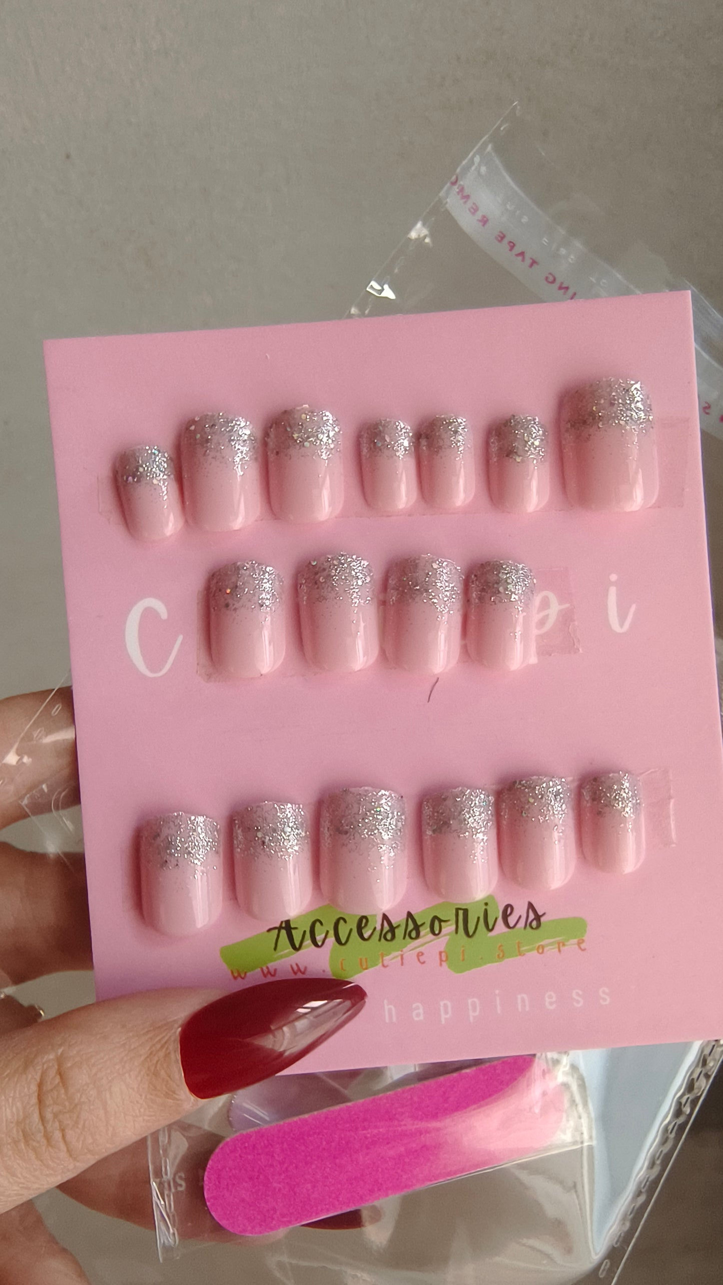 Pink Frost - 24pcs Pink Nails with Silver Shimmer Tips & Application Kit