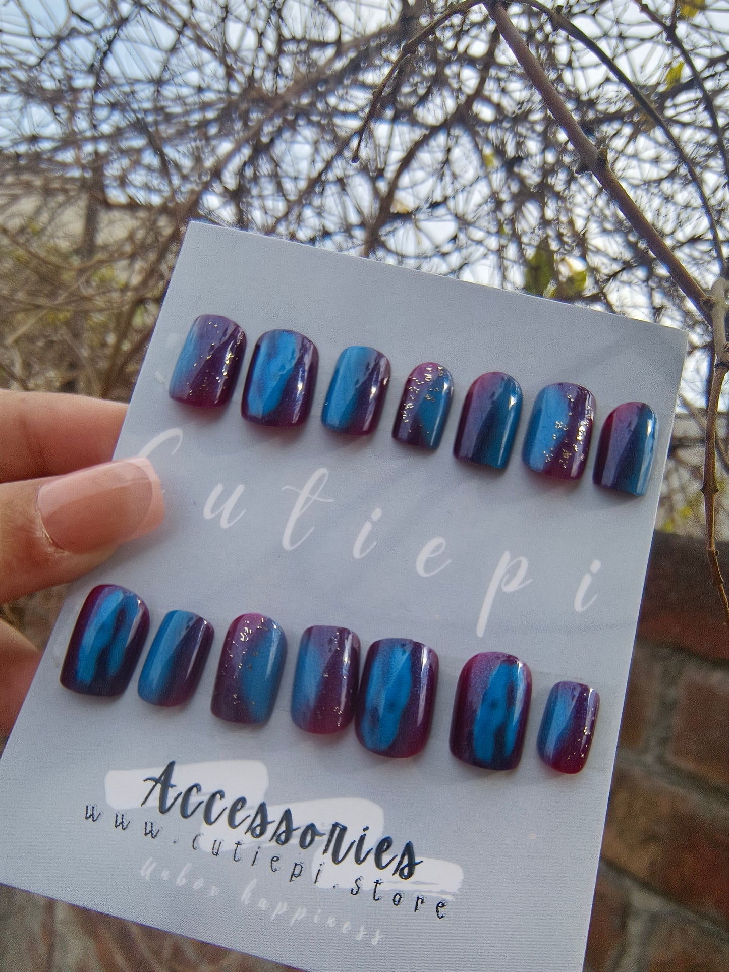 Mystic Purplish Blue Cat Eye Square Nails – 24pcs with Kit ✨💙