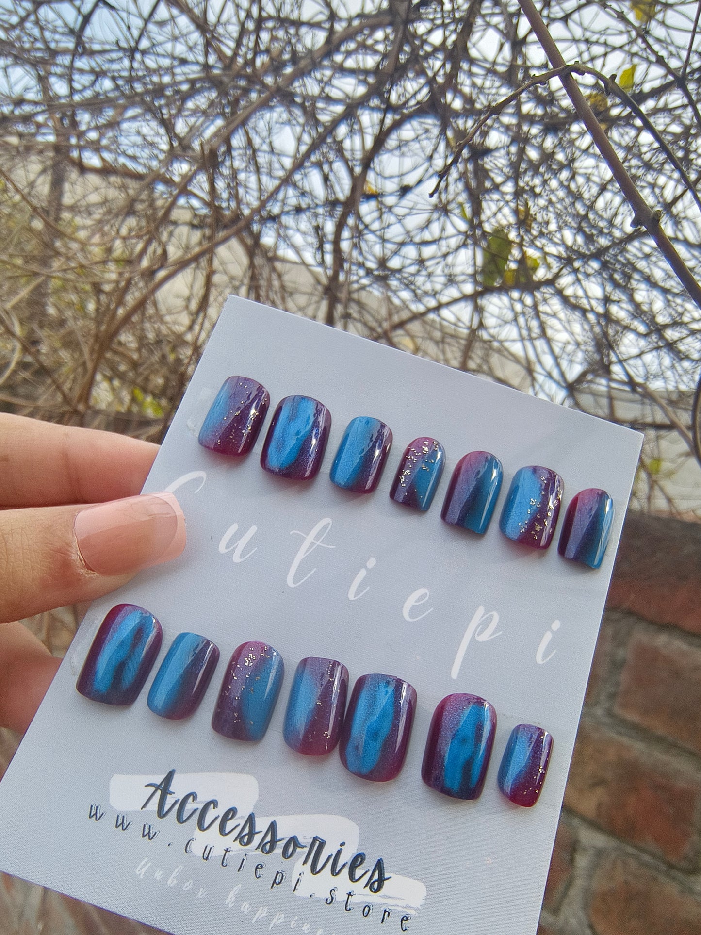 Mystic Purplish Blue Cat Eye Square Nails – 24pcs with Kit ✨💙