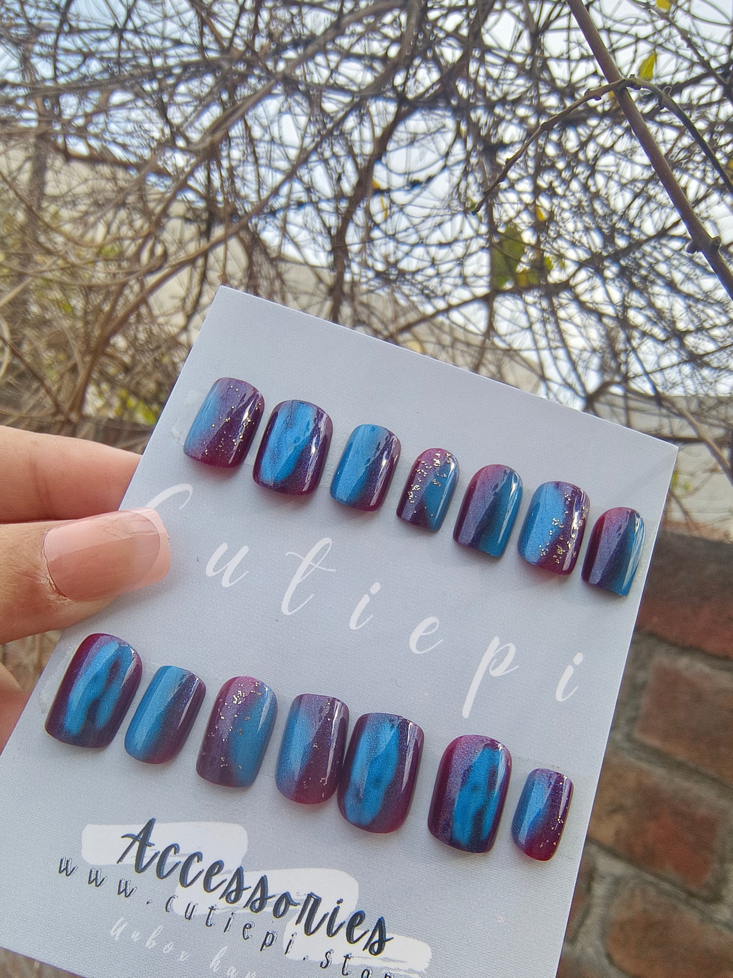 Mystic Purplish Blue Cat Eye Square Nails – 24pcs with Kit ✨💙