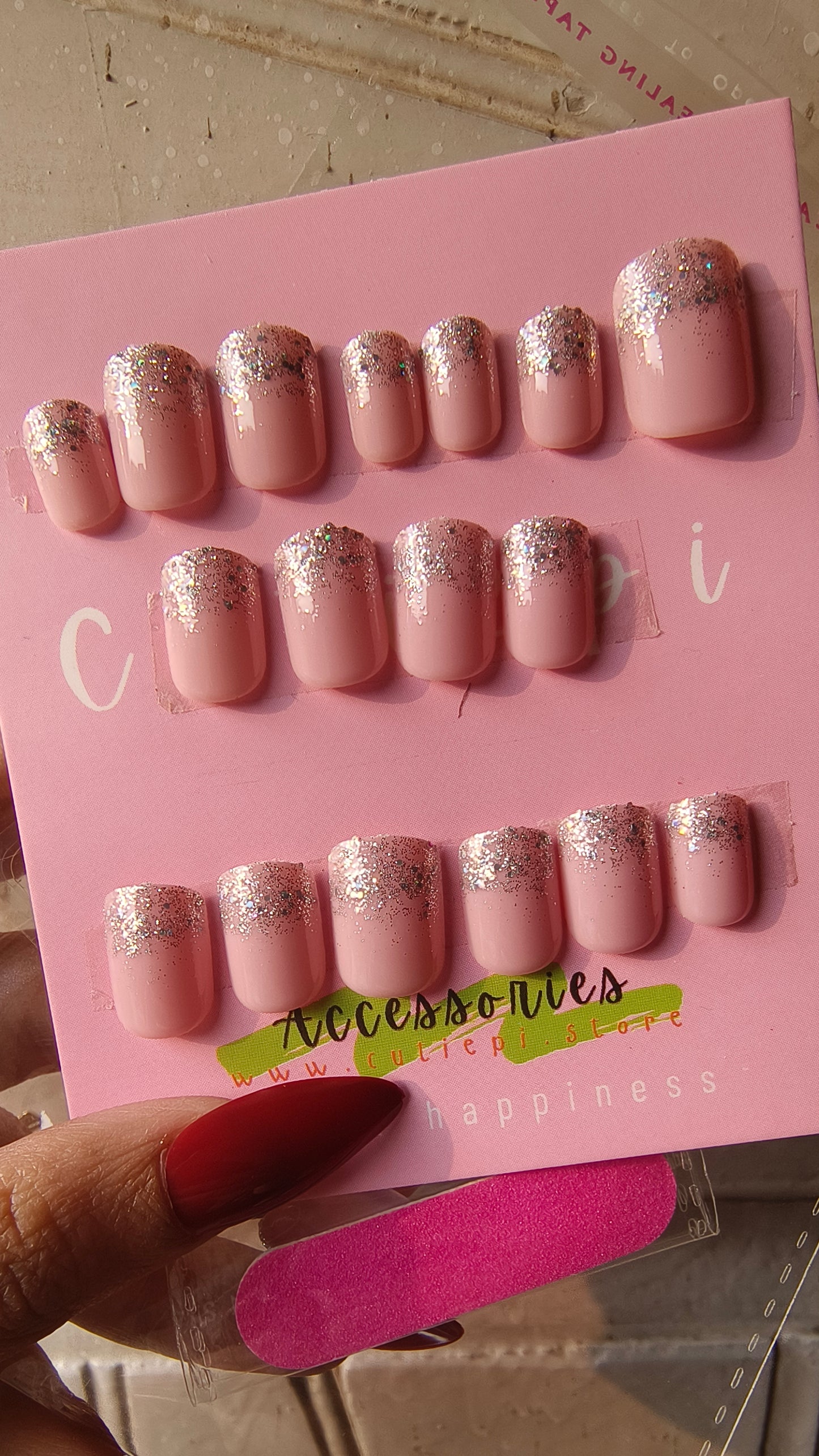 Pink Frost - 24pcs Pink Nails with Silver Shimmer Tips & Application Kit