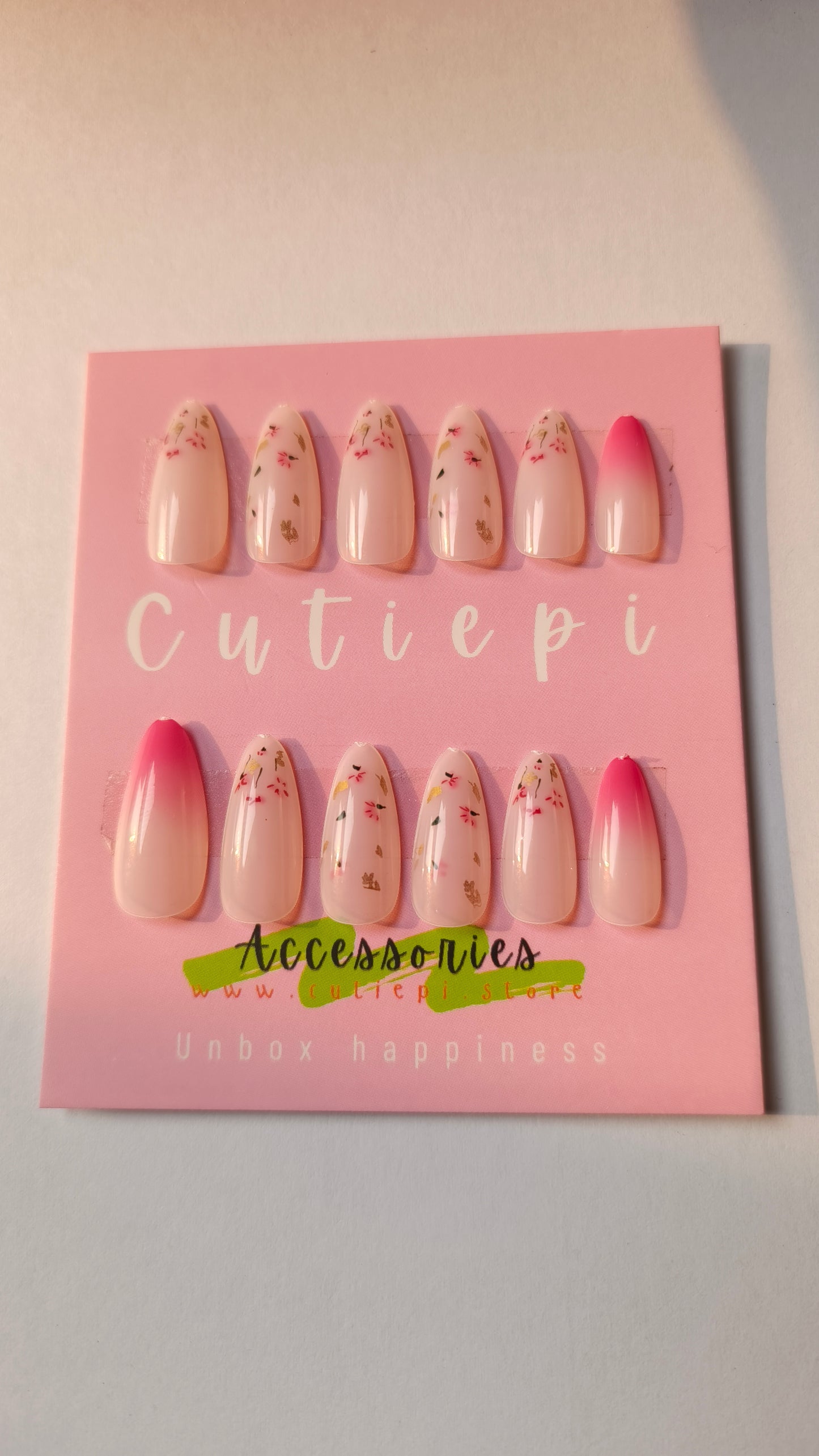 Pink & White Floral Almond Press-On Nails – 24PCS Set with Application Kit