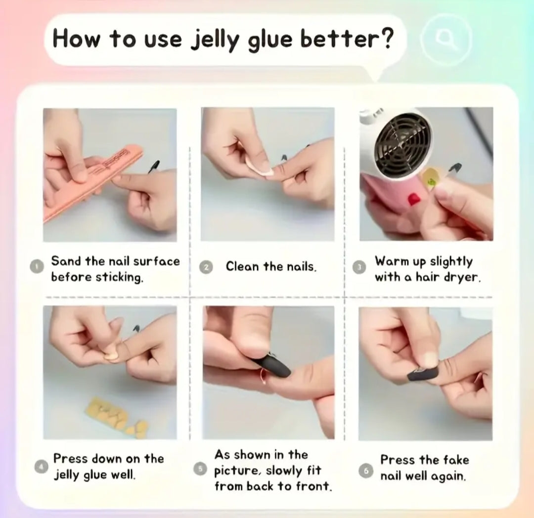 Step-by-step guide on how to use jelly glue for nail extensions.