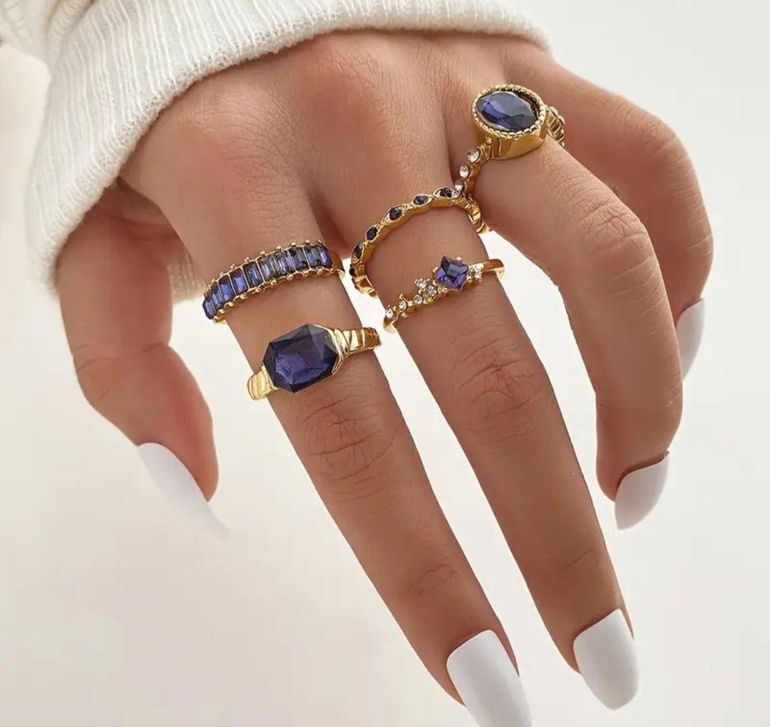 Pack of 5 Stainless Steel Blue Zircon Ring Set