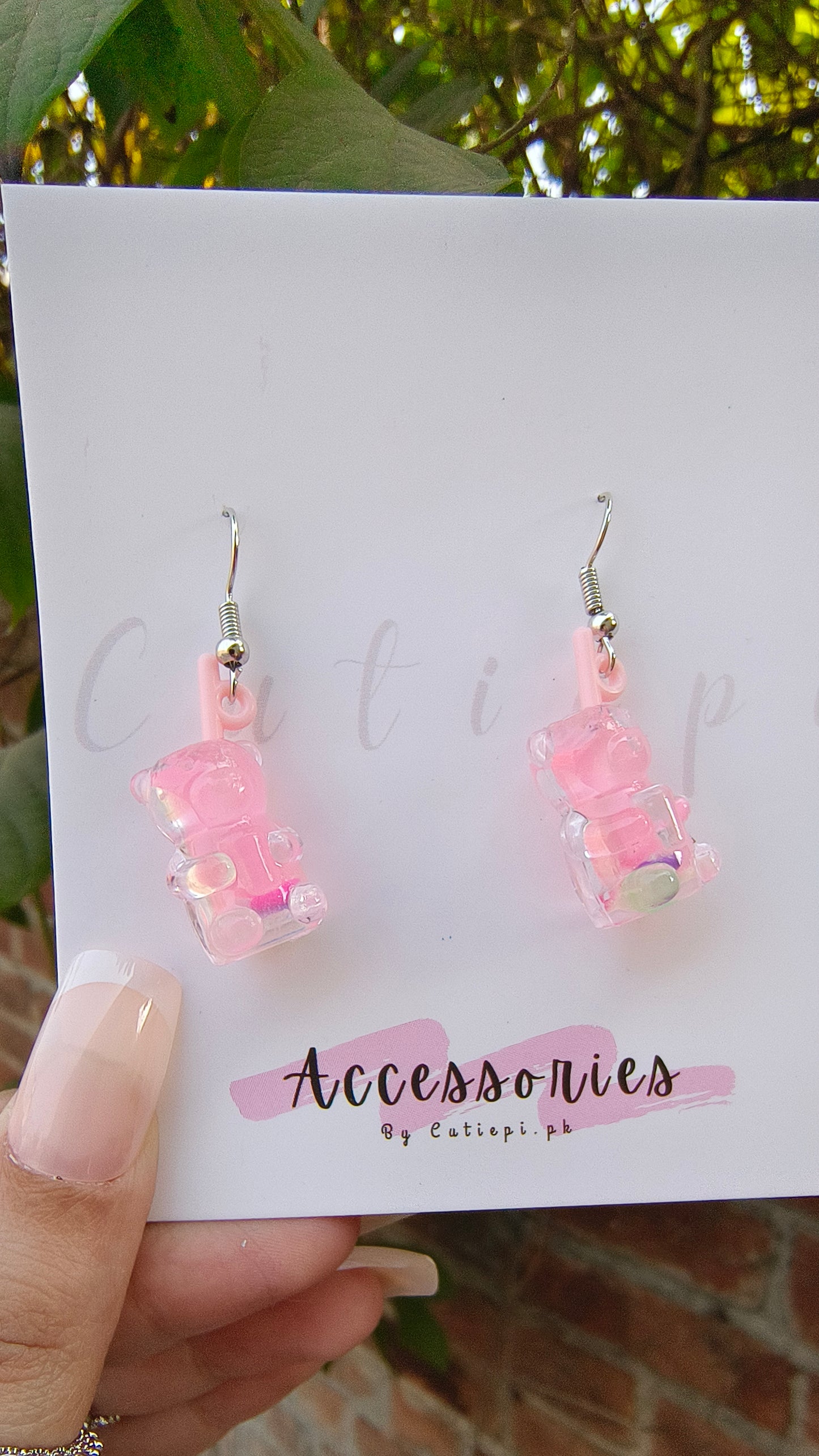 💖 Pink Transparent Teddy Bear Earrings –