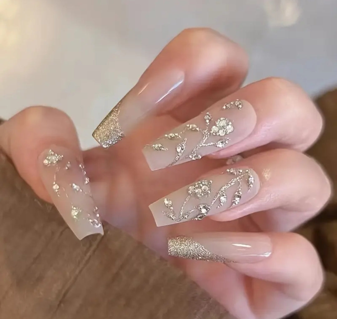 Gold Glam – Long Embellished Nails with Application Kit