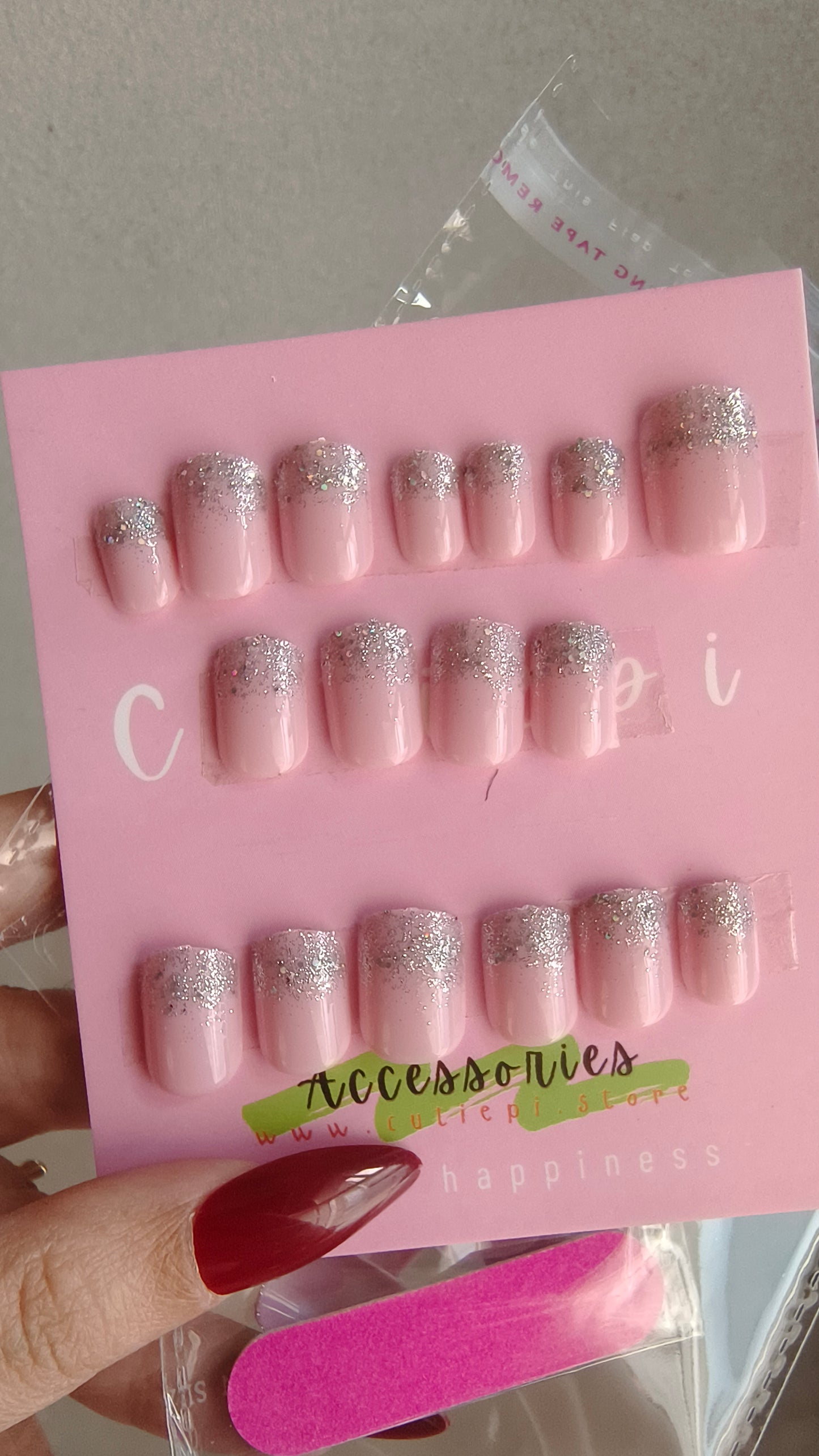 Pink Frost - 24pcs Pink Nails with Silver Shimmer Tips & Application Kit