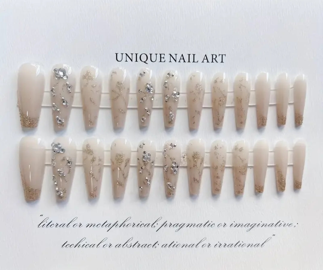 Gold Glam – Long Embellished Nails with Application Kit