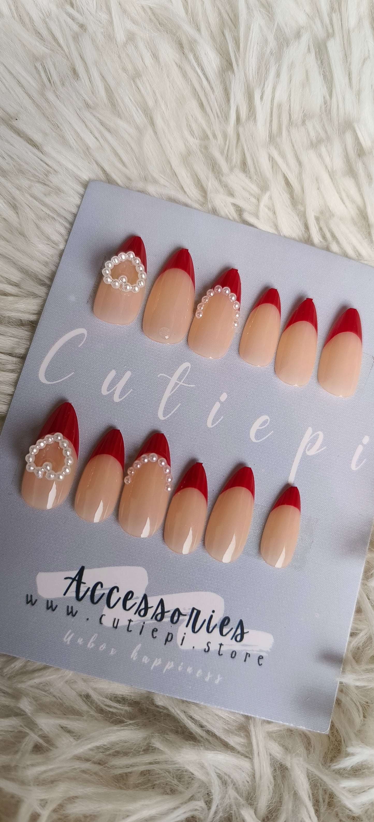 Scarlet Elegance – Red French Nails with Pearls 24pcs with kit