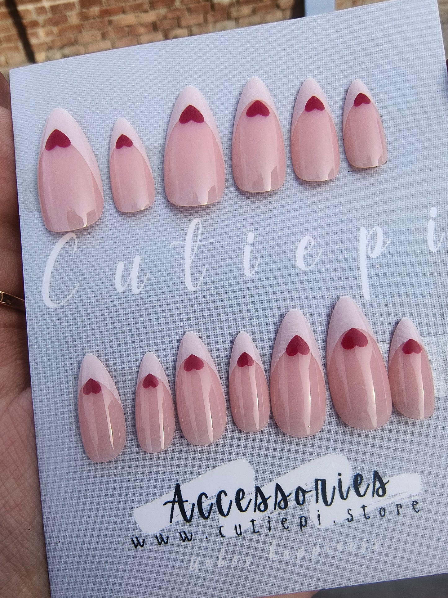 Love Charm – 24pcs White French Almond Nails with Red Hearts & Application Kit