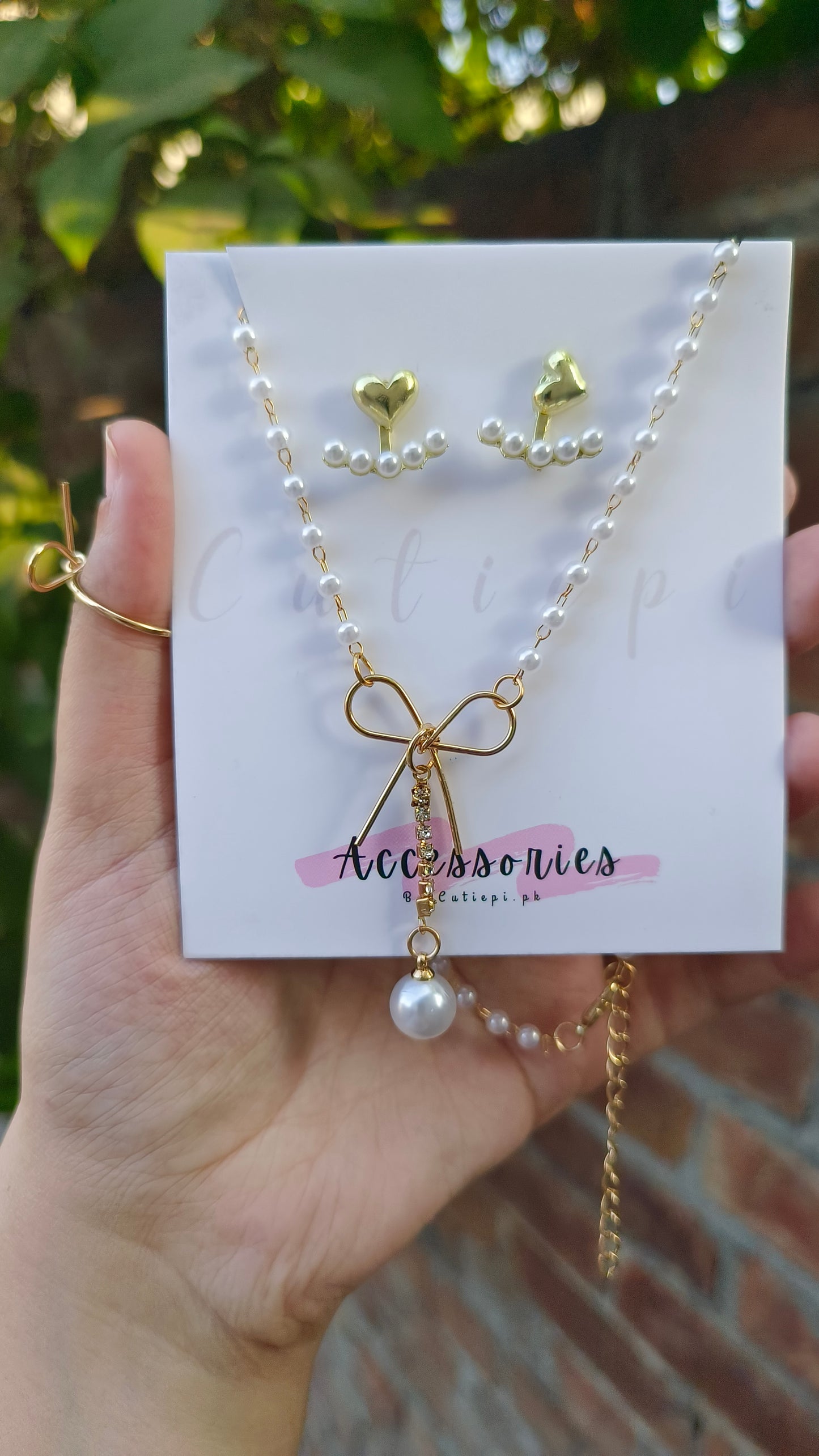 18K Gold-Plated Bowknot Pearl Jewelry Set – Elegant 3-Piece Collection"