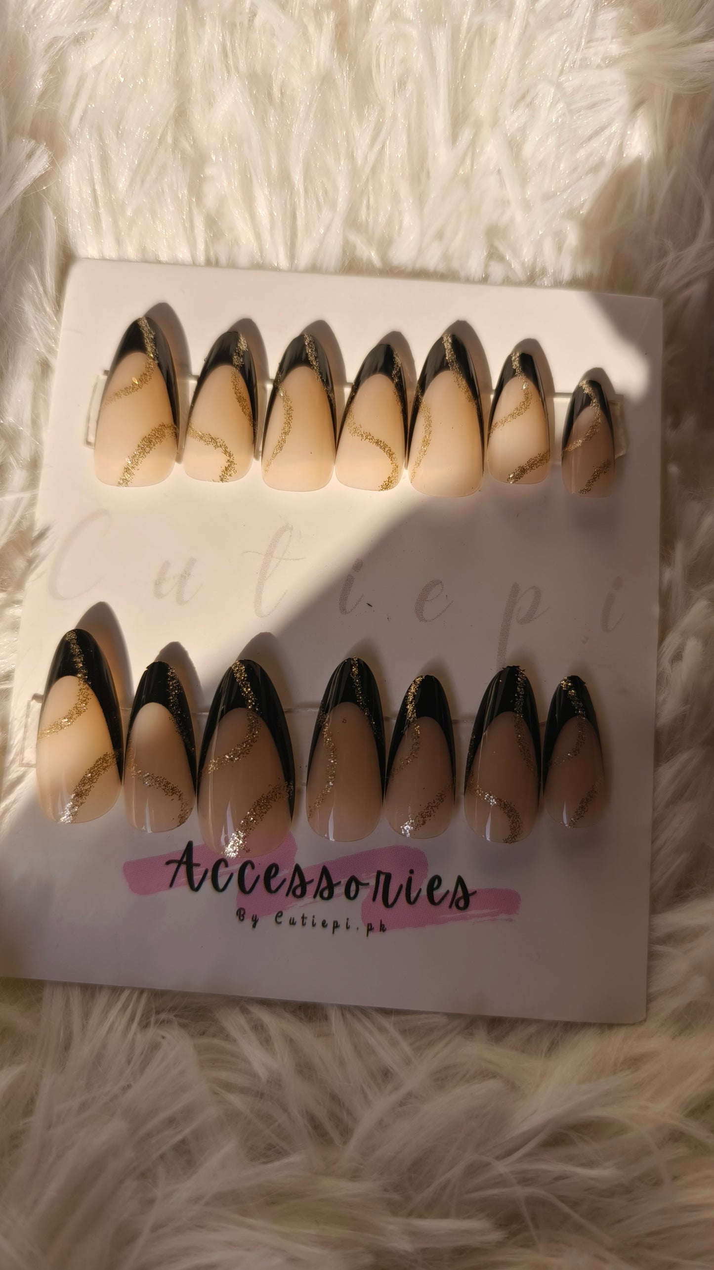 Black Tip with Golden Glitter Strips Press-On Nails – 24PCS Glam Style