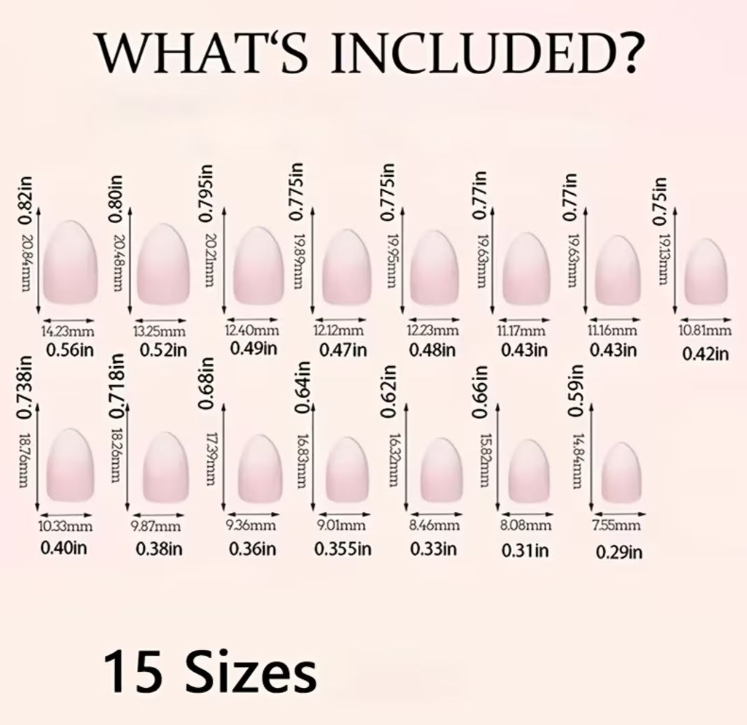 Nail tip size chart with measurements and 15 sizes listed