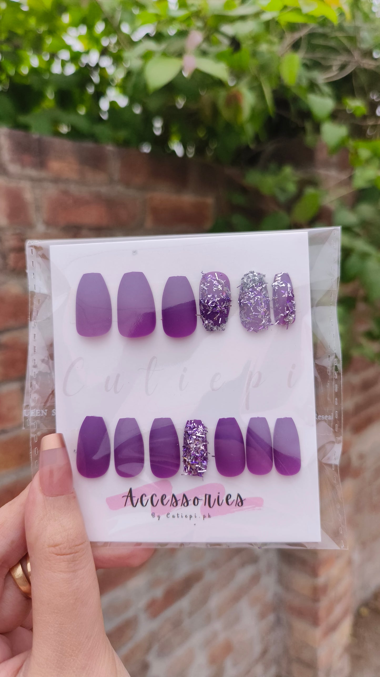 Matte Purple with Glitter Square Press-On Nails – 24PCS Set with Application Kit