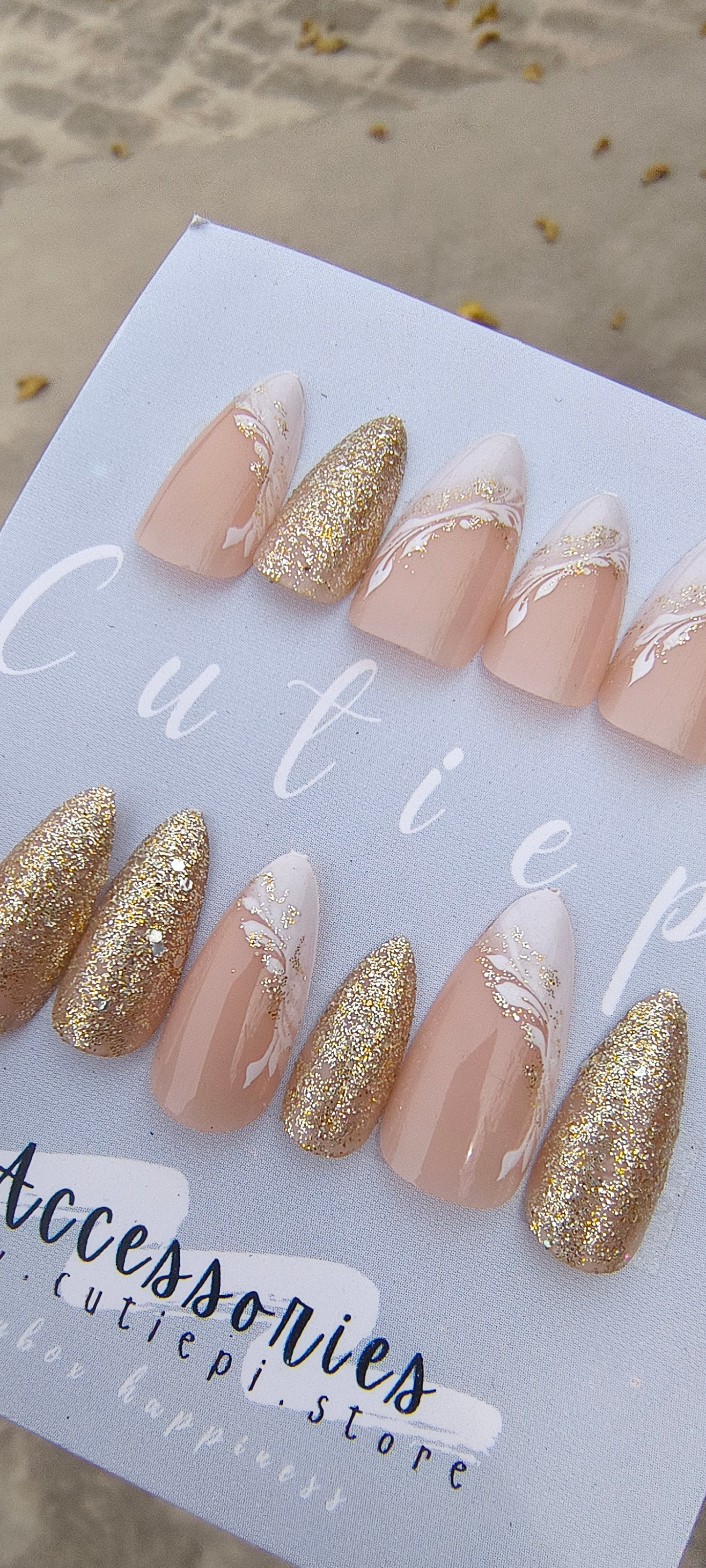Golden Elegance – 24pcs Bridal Nail Set with Application Kit