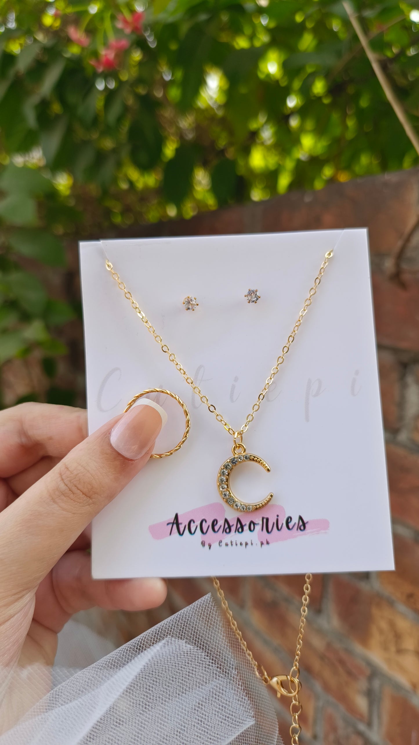 Moon Rhinestone Necklace Set with Earrings & Ring – Celestial Elegance 🌙